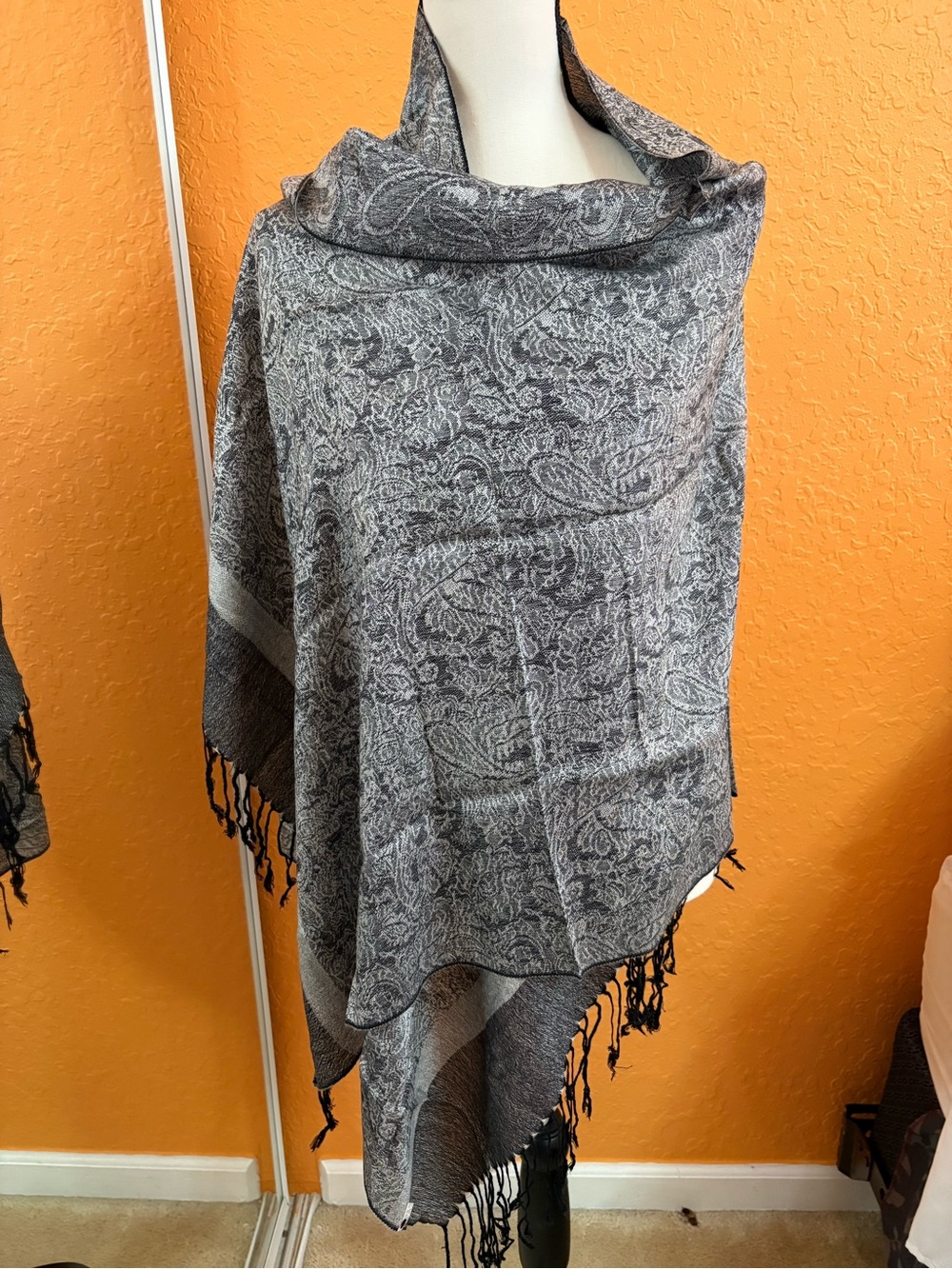 Gray Paisley Fringe Wrap Shawl